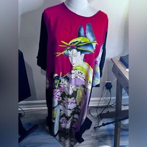 Simply Silk Vibrant Geisha Print Tunic Kaftan Dress in Red & Black L/XL